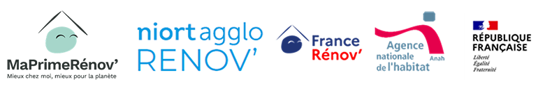 Bannière avec les logos de MaPrimeRénov’ (« Mieux chez moi, mieux pour la planète »), niort agglo RENOV’, France Rénov’, Agence nationale de l’habitat (Anah) et République Française