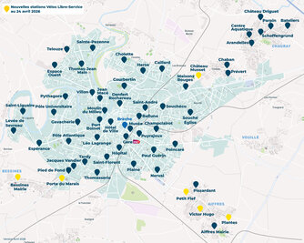 Carte des stations VLS au 24 avril 2026 : nouvelles stations (marqueurs jaunes) à Bessines et Aiffres, réseau existant (bleu) sur Niort et Chauray.