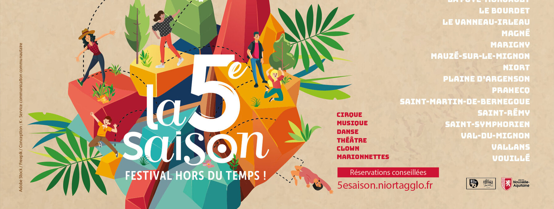 Affiche du festival : disciplines incluant clown et marionnettes, réservations sur 5esaison.niortagglo.fr
