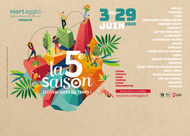 Affiche du festival : disciplines incluant clown et marionnettes, réservations sur 5esaison.niortagglo.fr